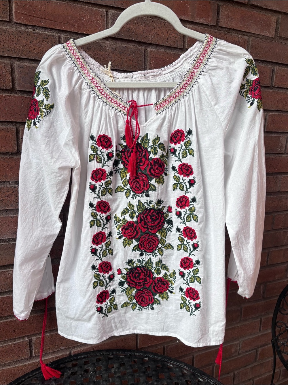 Embroidered White Peasant Top with Red Rose Motif